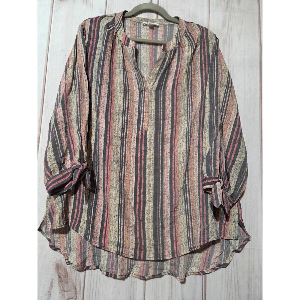 Palm Rio Womens XL Striped V-Neck Tunic Blouse Pink Grey Tie Sleeve High Low Hem